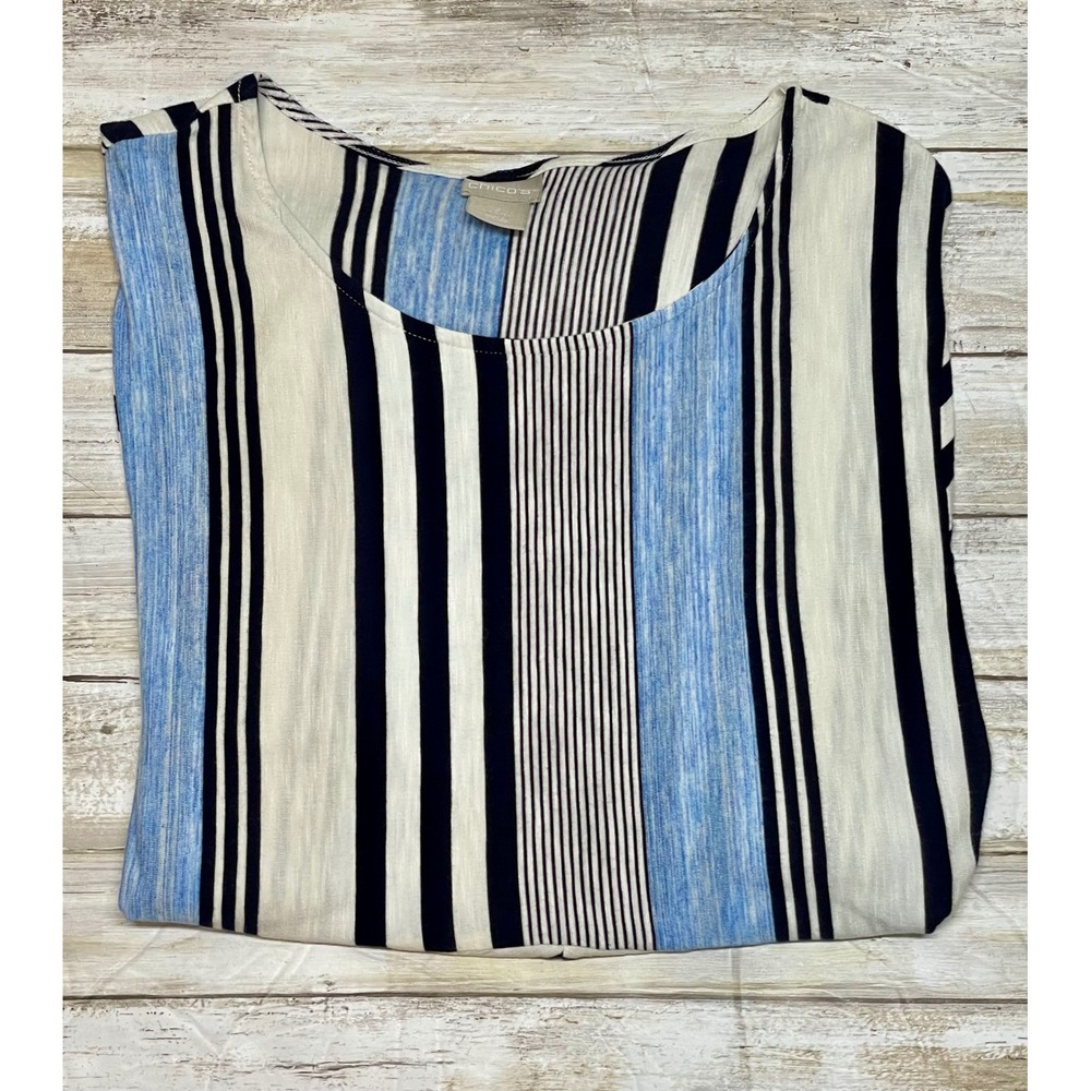 Chico's Women's Striped Tunic‎ Top 3/4 Sleeve Blue Black White Size 2(U.S.12)